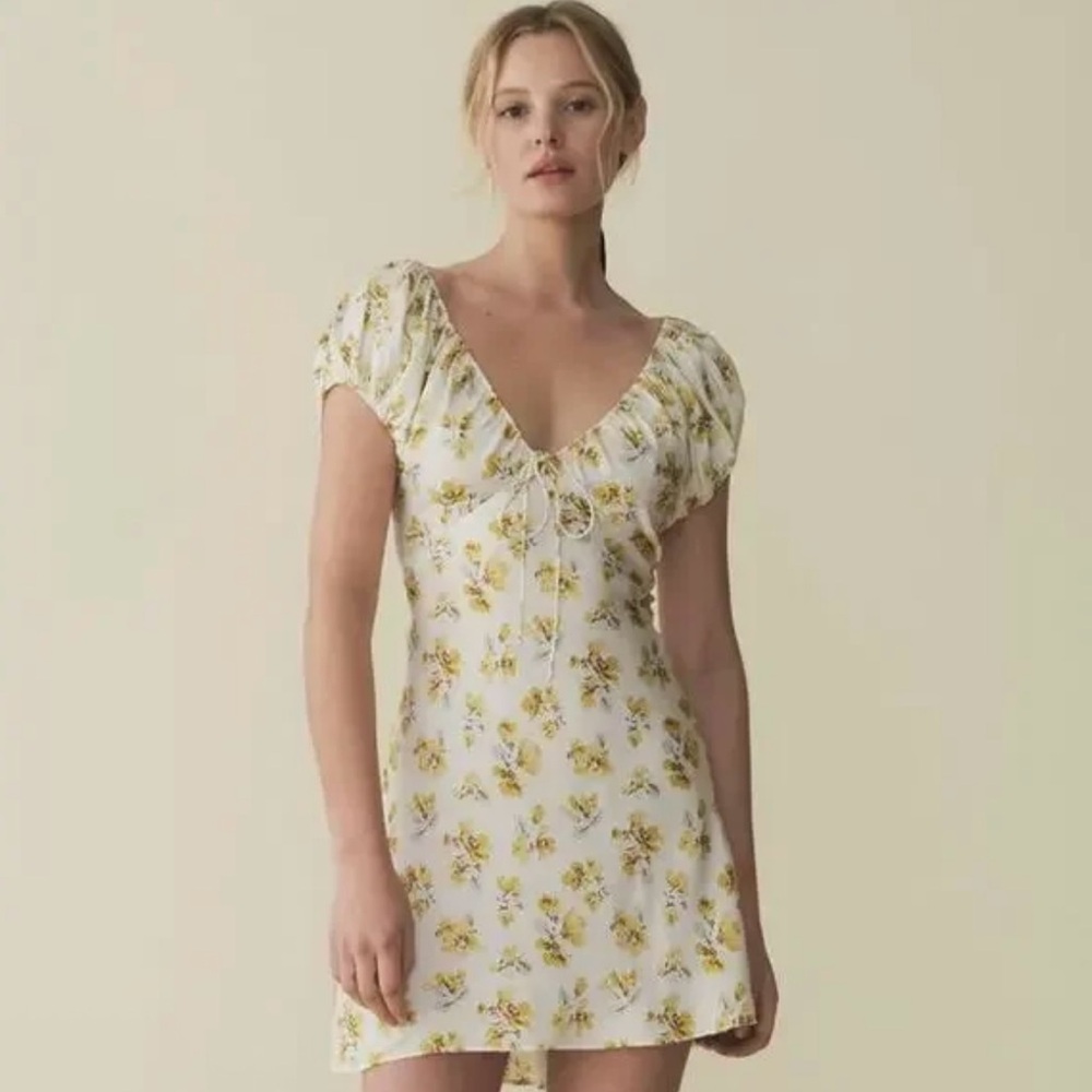 DOEN Sera Silk Short Puff Sleeve V Neck Mini Dress